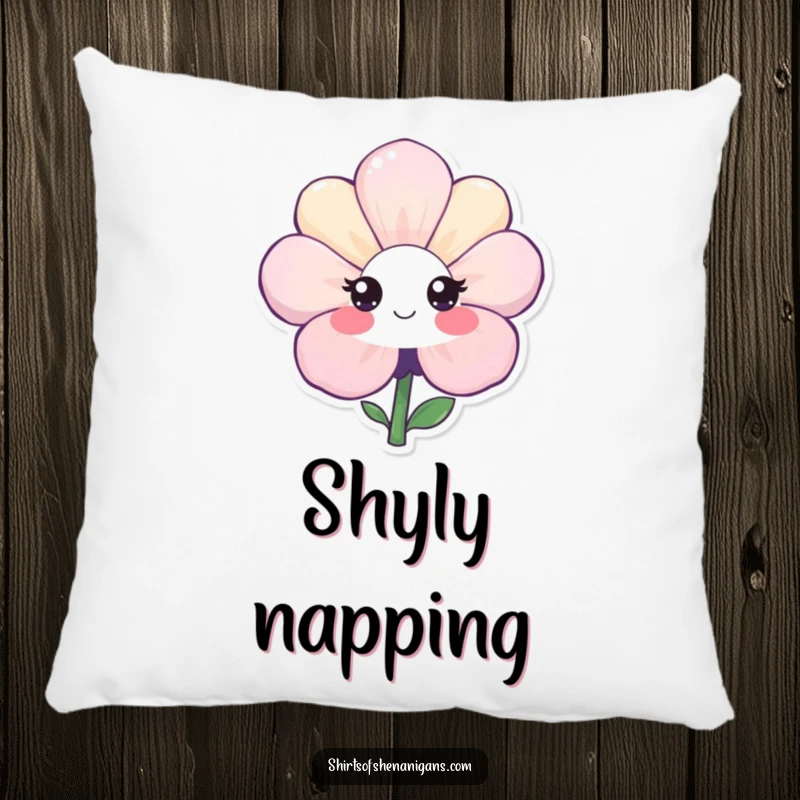 Funny pillow adorned with a shy flower’s endearing, bashful smile, offering comfort and a touch of understated, sweet humor.