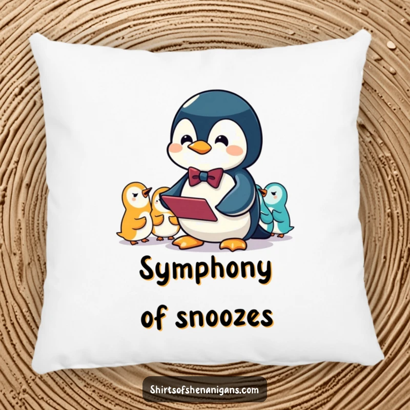 Funny pillow with a penguin wearing a bowtie conducting an orchestra of squeaks, offering cozy and humorous comfort.