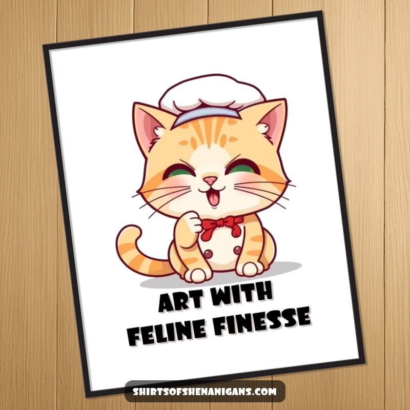 Funny Cat Chef Art Print: Playful cartoon cat batting whisker, printable wall art for cat lovers.