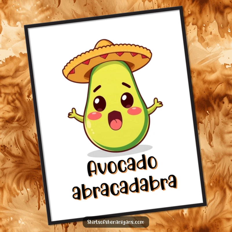 Funny digital art print of a surprised avocado in a sombrero, ideal for fiesta decor and a unique, funny gift.