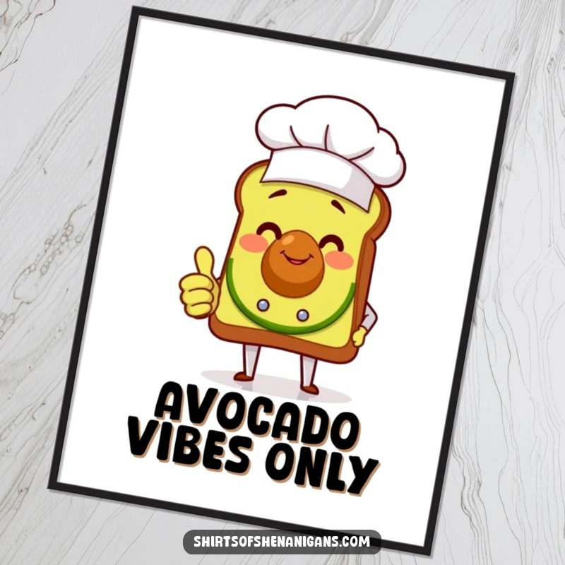 Funny smiling avocado toast chef giving a thumbs up, downloadable digital art print, perfect for instant humorous wall decor.