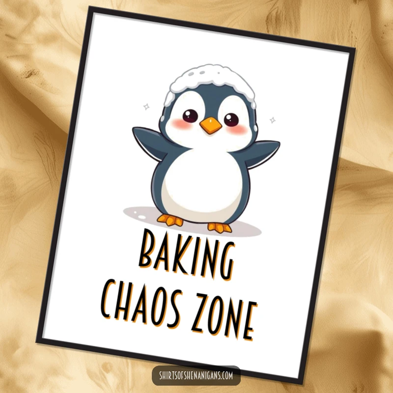 Funny Digital Art: Clumsy penguin covered in flour looks confused, instant printable art for humor.