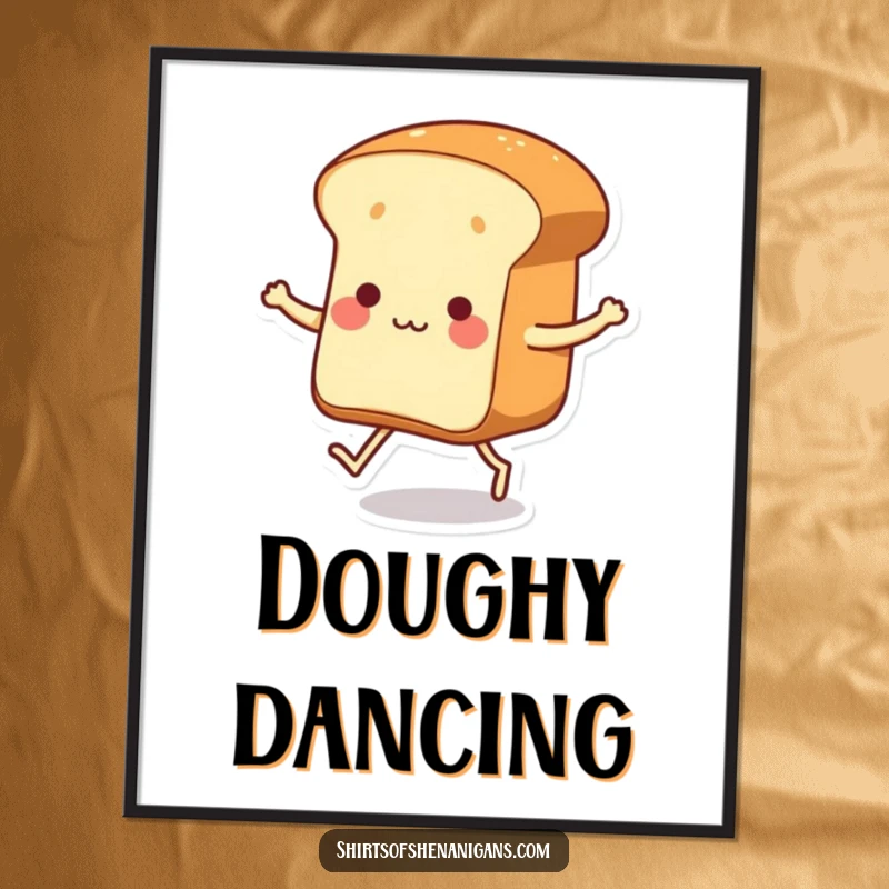 Funny dancing loaf of bread with tiny legs tapping its feet, available as a digital art print for joyful decor.