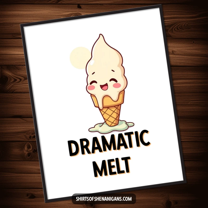Funny digital art print of a giggling ice cream cone melting dramatically in the sun, a cheerful wall decor.