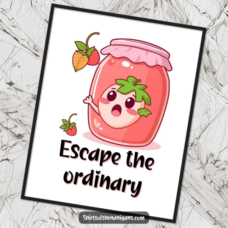 Funny Digital Art Print: Surprised strawberry escaping a jam jar, a downloadable and humorous artwork.