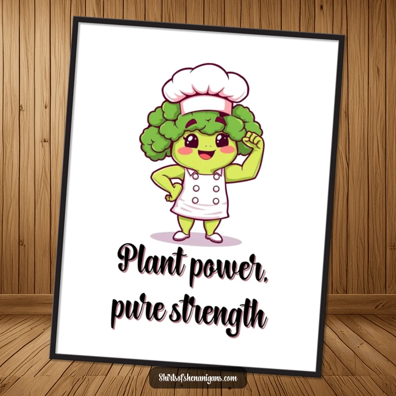 Funny Broccoli Chef Art Print: Proud cartoon broccoli flexing muscle, printable wall art for fitness lovers.