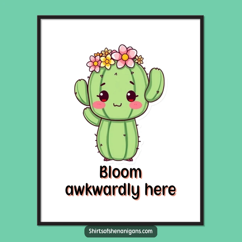 Funny Cactus Art Print: Awkward Flower Crown Pose - Quirky Digital Download Gift