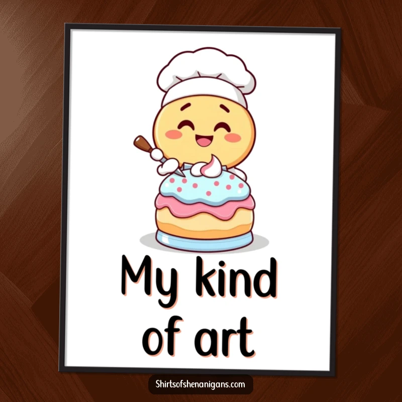 Funny Donut Chef Art Print: Giggling cartoon donut character frosting a cake, printable wall art.