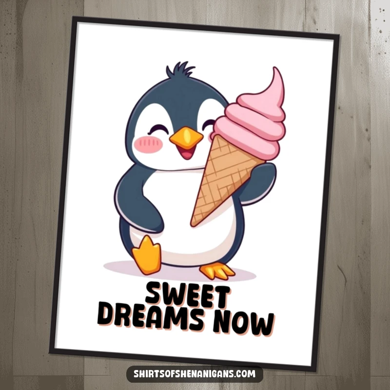 Funny giddy penguin digital art print, joyfully balancing a giant ice cream cone with a silly grin, for printable cheer.