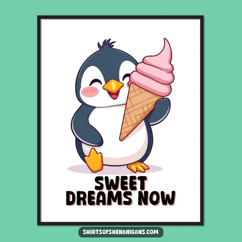 Funny Giddy Penguin Digital Art - Printable Joyful Ice Cream Decor
