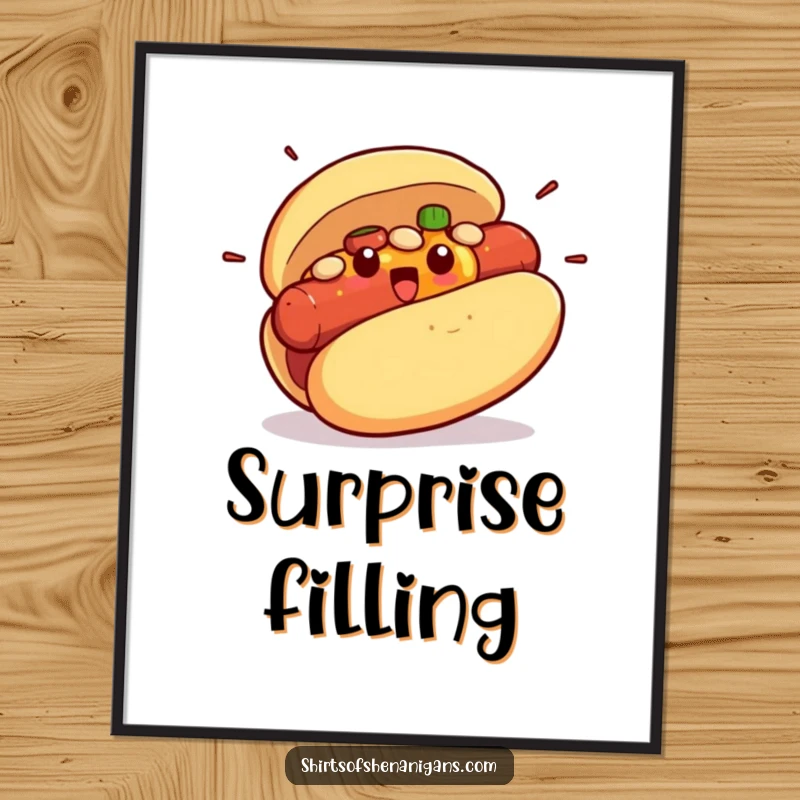 Funny digital art print of a shocked hot dog bun exploding with its surprised condiment filling, a whimsical wall decor.