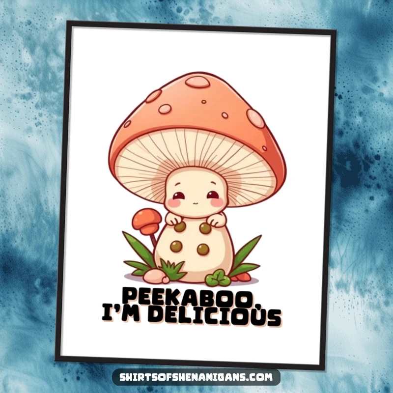 Funny Mushroom Chef Art Print: Shy cartoon mushroom peeking from cap, printable wall art for a whimsical touch.