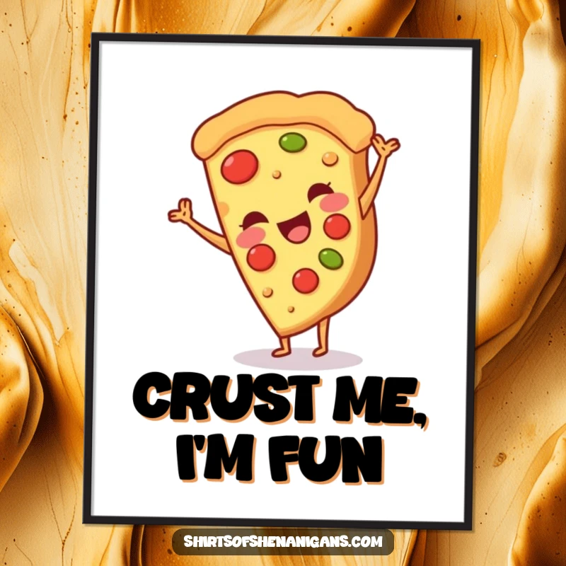 Funny digital art print of a smiling pizza slice doing a cartwheel, ideal for foodie decor and a unique, funny gift.