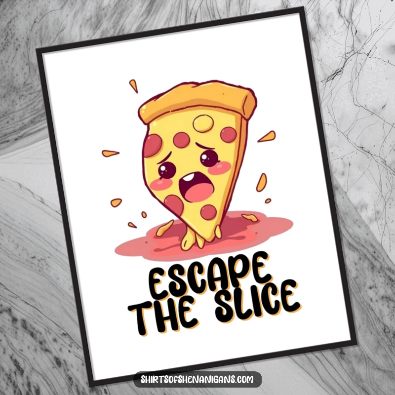 Funny digital art print of a bewildered pizza slice comically escaping a hungry mouth, a whimsical wall decor.