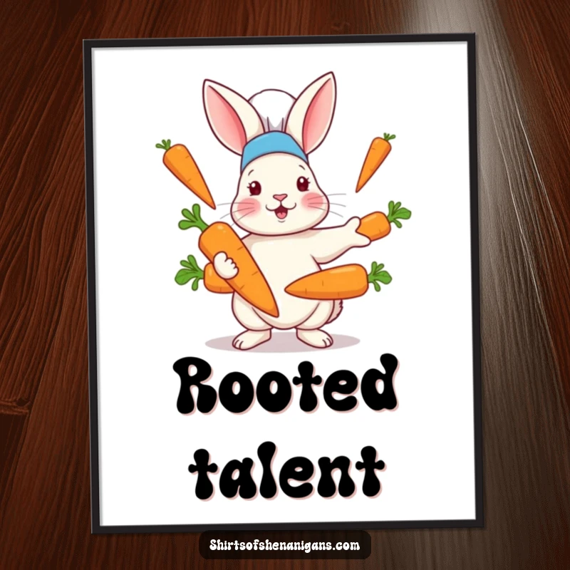 Funny digital art print of a rabbit wearing a chef hat, comically juggling oversized carrots, ideal for instant, humorous kitchen decor.