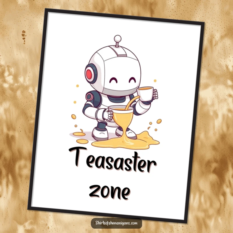 Funny robot digital art print of a clumsy robot spilling tea with a shy smile, perfect for humorous home decor.