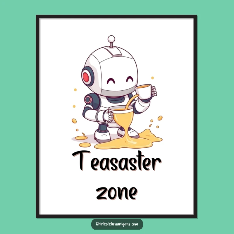 Funny Robot Tea Spill Art Print - Clumsy Bot & Shy Smile Digital Gift