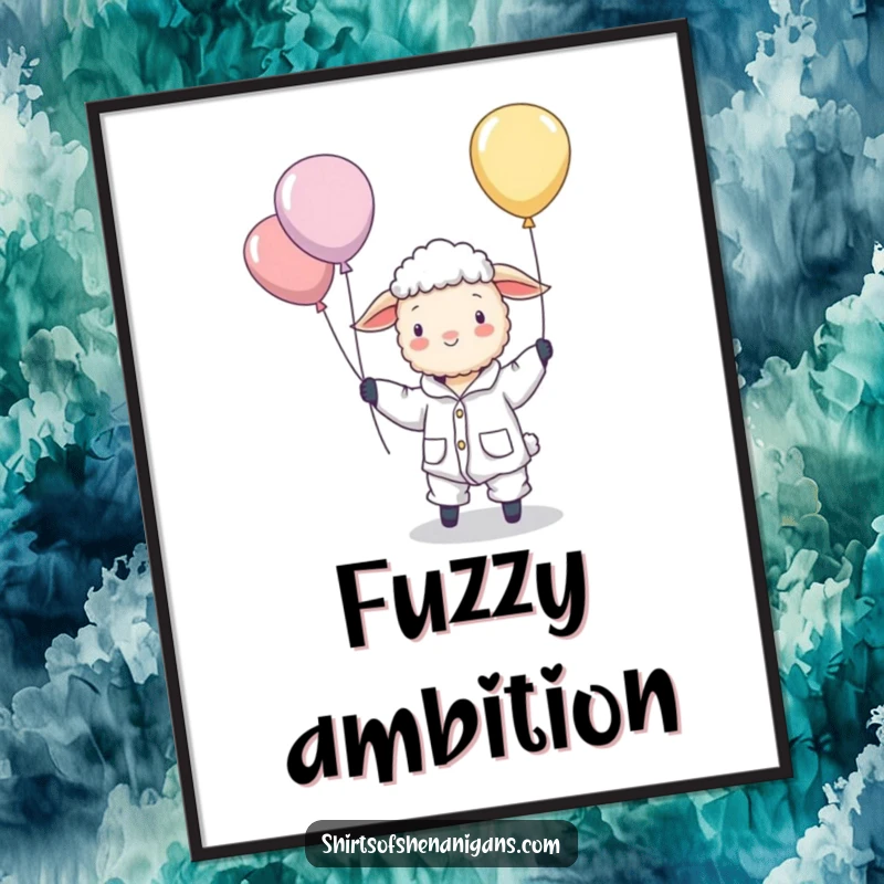 Funny digital art print of a sheep in pajamas hilariously herding floating balloons, ideal for instant, whimsical wall art.