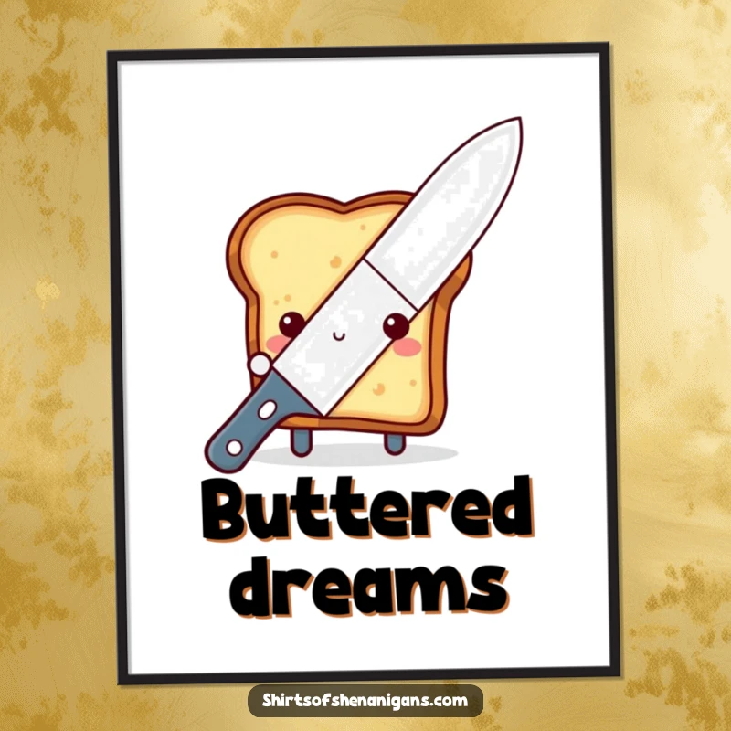Funny shy toast digital art print, peeking from behind a large butter knife, for printable cute breakfast decor.