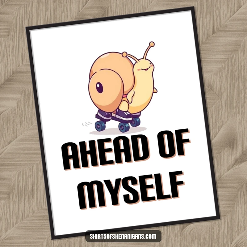 Funny snail character on roller skates, in a dramatic race pose, as a downloadable digital art print for humorous decor.