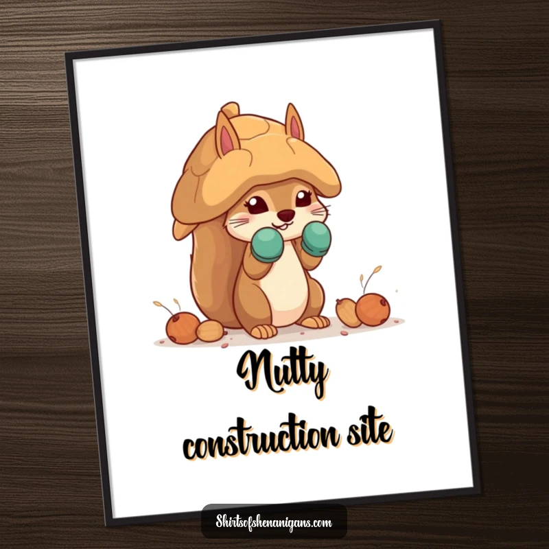 Funny squirrel digital art print of a squirrel in mittens building a giant nut house, perfect for humorous decor.