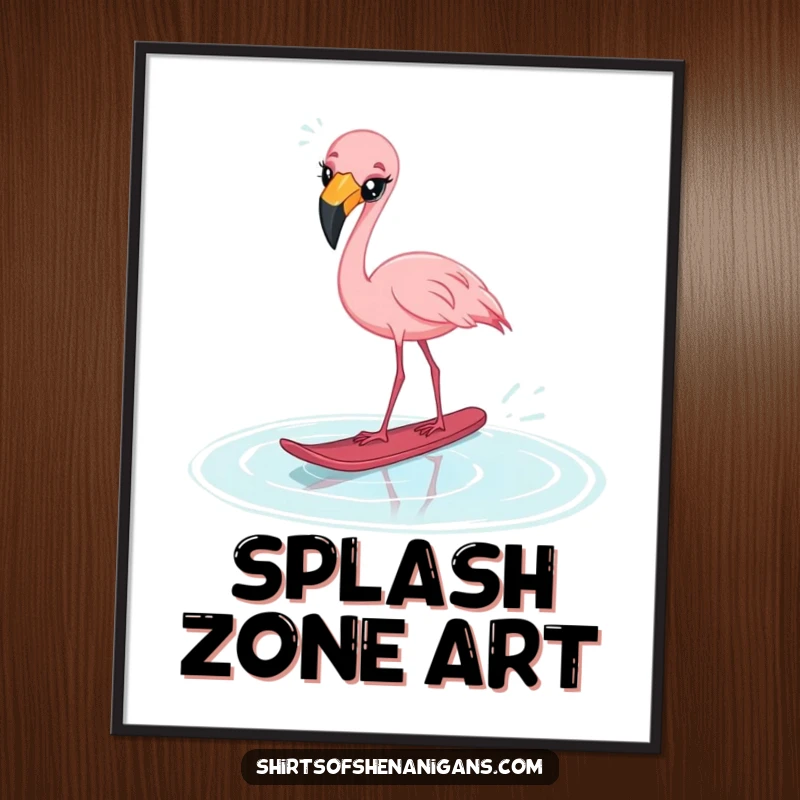 Funny startled flamingo digital art print, cross-eyed and water skiing on a puddle, for printable quirky humor.