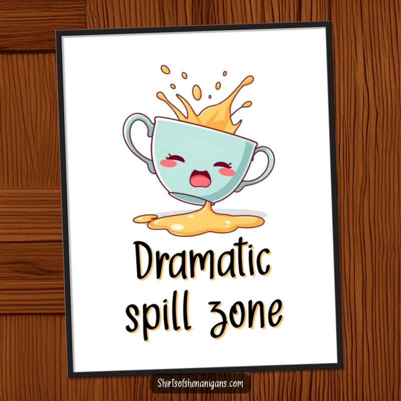 Funny digital art print of a startled teacup dramatically spilling its contents with a shocked expression.