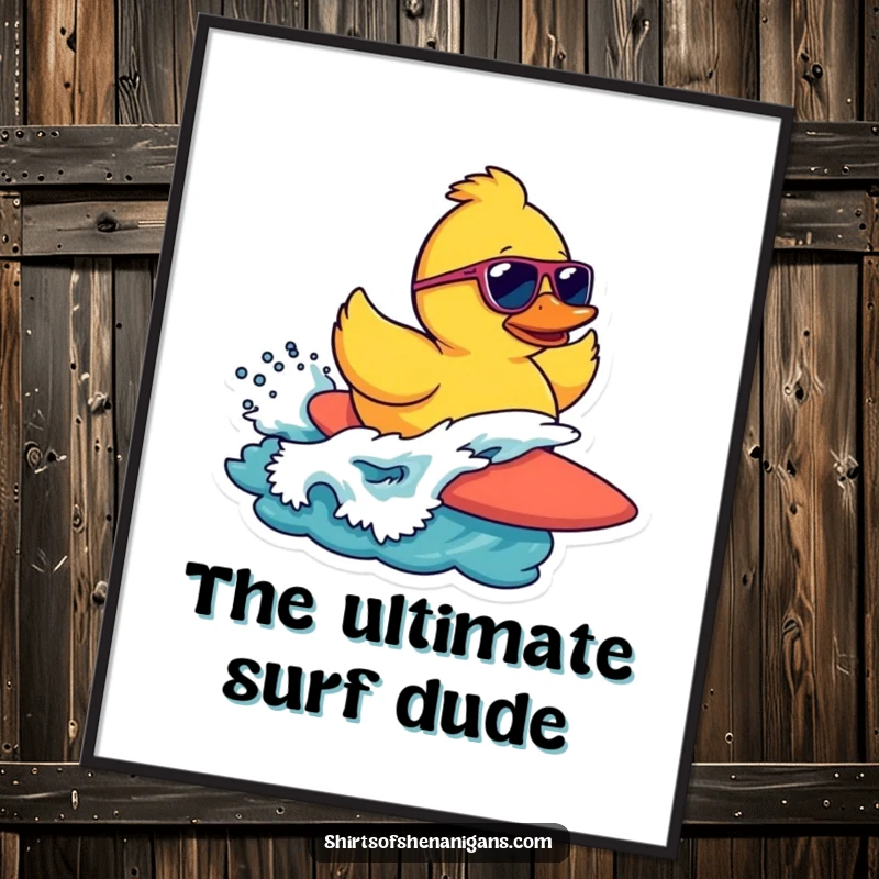 Funny digital art print of a rubber duck in sunglasses surfing a wave, bringing instant beachy fun and humor.