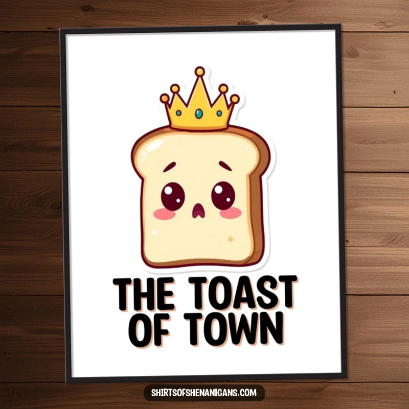 Funny Toast Digital Art Print: A surprised slice of toast wearing a tiny crown, symbolizing regal surprise.