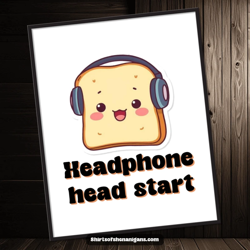 Funny digital art print of a startled piece of toast wearing comically large headphones, enjoying music.