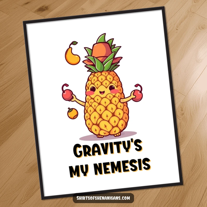 Funny digital art print of a pineapple in a tiny hat failing hilariously at juggling its fruit.