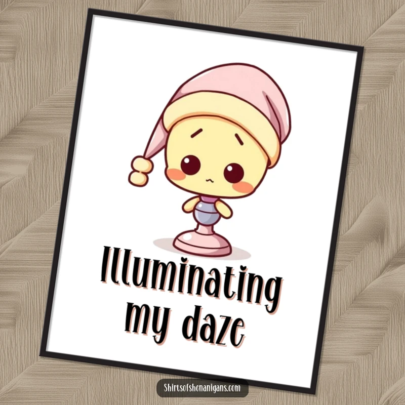 Funny Lamp Digital Art Print: A confused lamp wearing a nightcap, symbolizing sleepy charm and humor.