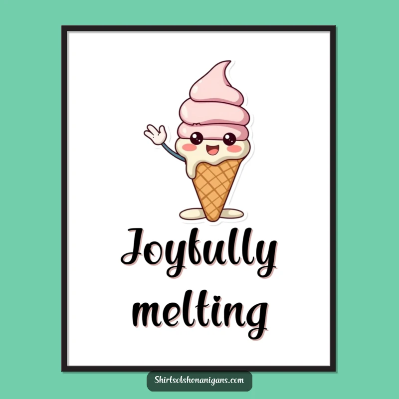 Funny Ice Cream Cone Art Print - Cheerful Melting Character & Waving Digital Gift