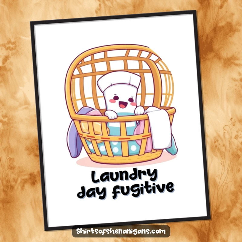 Funny digital art print of a giggling sock making a comical escape from a laundry basket.