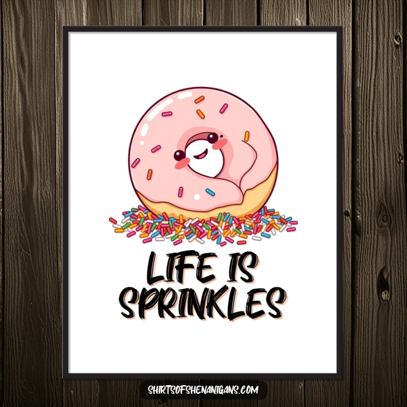 Funny Digital Art Print: Plump donut giggling into sprinkles, a downloadable and humorous artwork for food lovers.