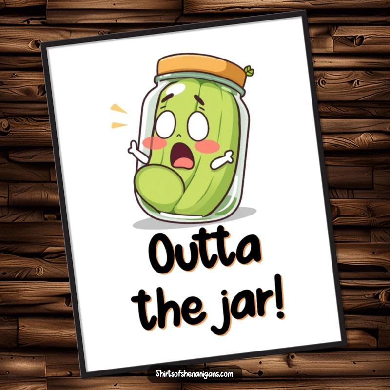 Funny shocked pickle rolling out of a jar, expressing shock and surprise, as downloadable digital art.