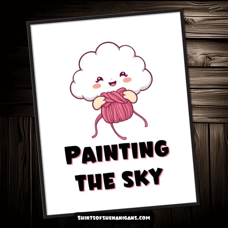 Funny Digital Art Print: Cheerful cloud knitting a rainbow, a downloadable and humorous artwork.