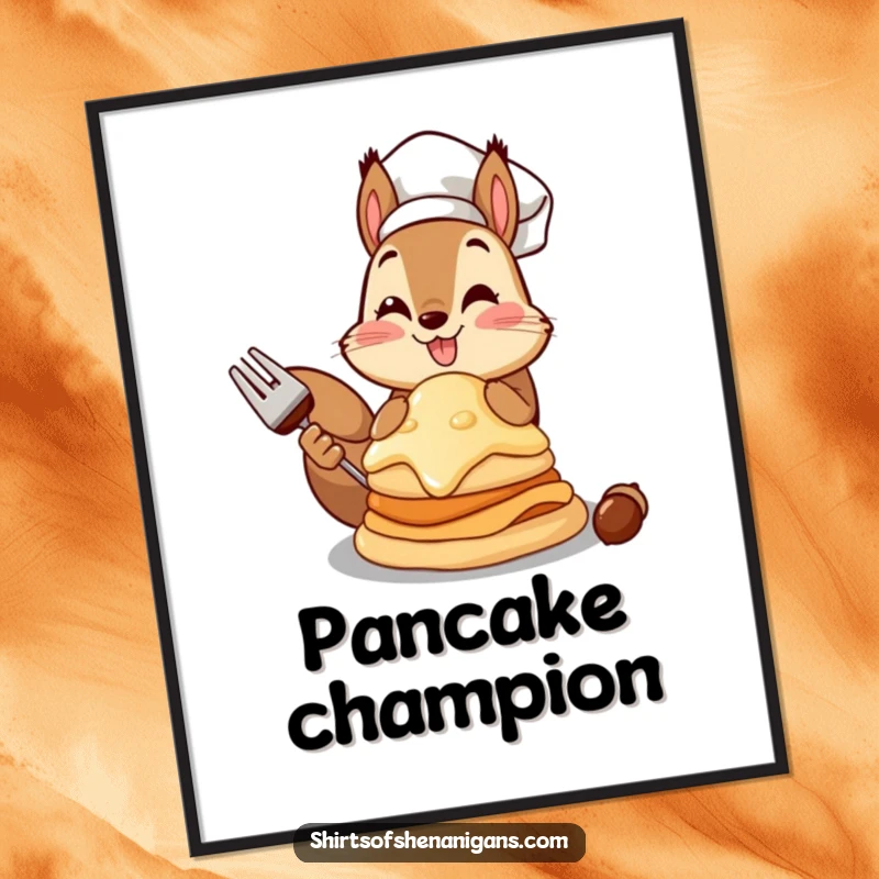 Funny squirrel chef digital art print of a squirrel presenting a giant acorn pancake, ready for instant download.