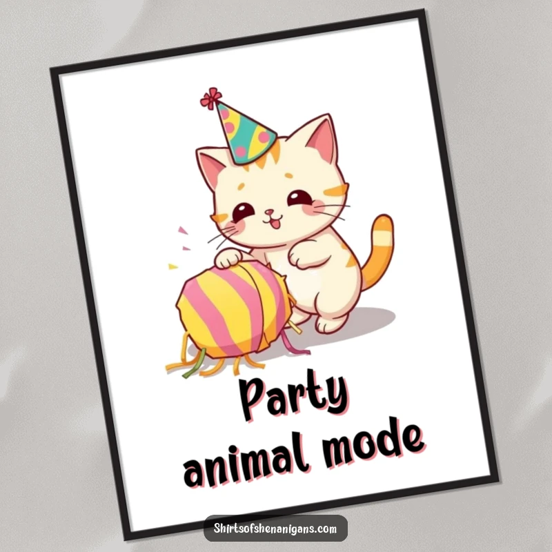 Funny digital art print of a cat wearing a party hat accidentally knocking over a piñata.