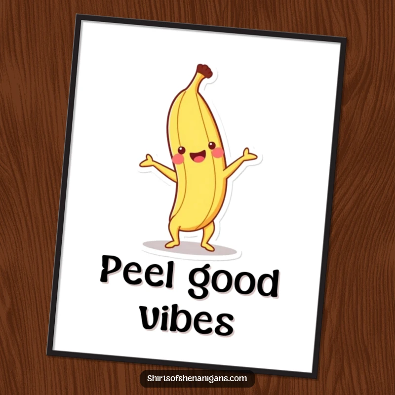 Funny digital art print of a happy banana performing a handstand with a cheerful expression.