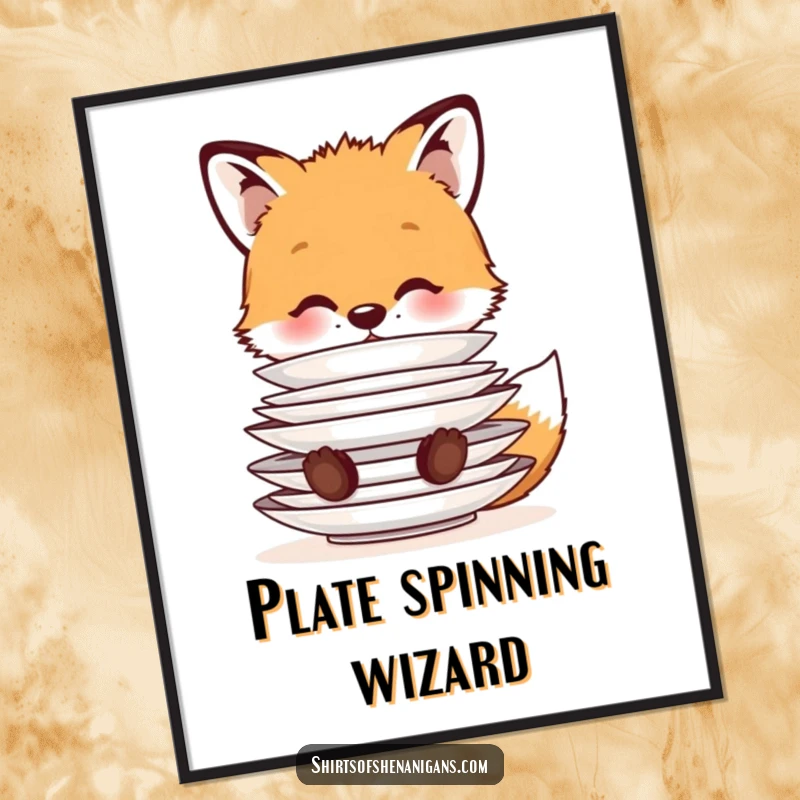 Funny Digital Art Print: A cute fox cub balancing a stack of plates on its nose, offering instant, charming, and humorous decor.