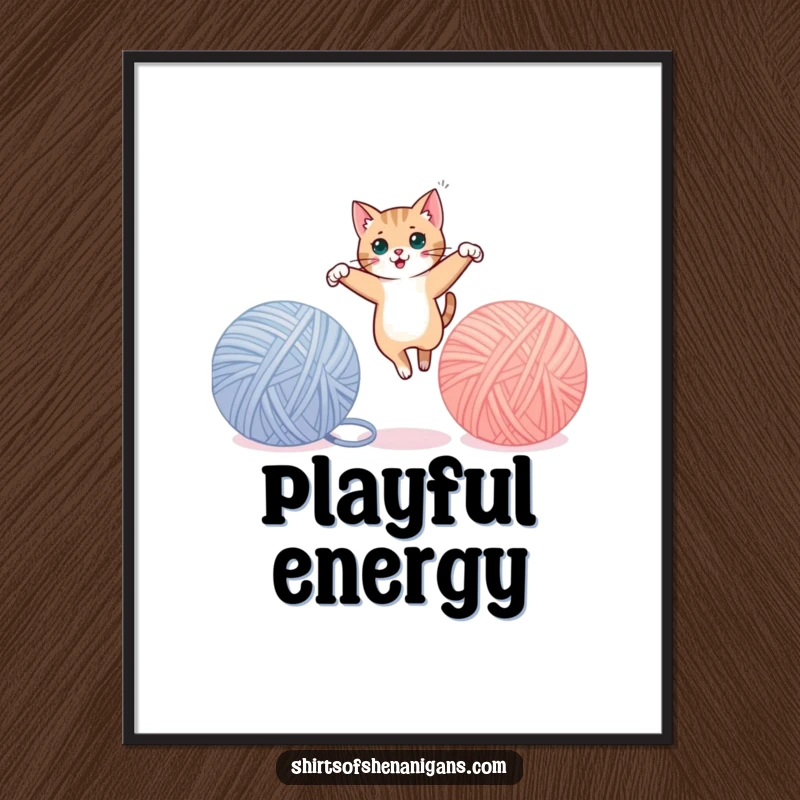 Funny cat digital art print, mid-leap between yarn balls, ready for framing with playful energy. A downloadable funny gift.