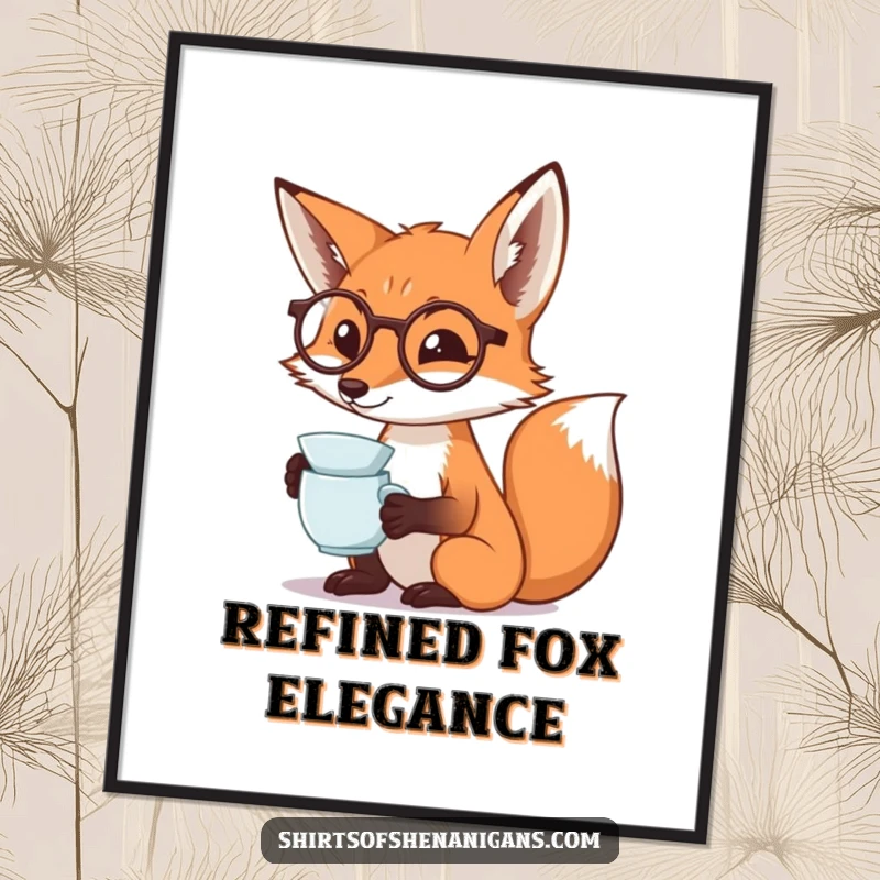Funny fox digital art print of a monocled fox dramatically sipping tea, perfect for sophisticated and humorous decor.