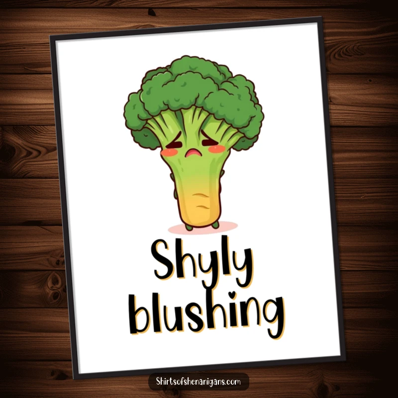 Funny embarrassed broccoli hiding behind a carrot, offered as a digital art print for instant humorous wall decor.