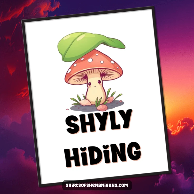 Funny shy mushroom peeking from under a leaf, available as a high-quality digital art print for instant humorous decor.