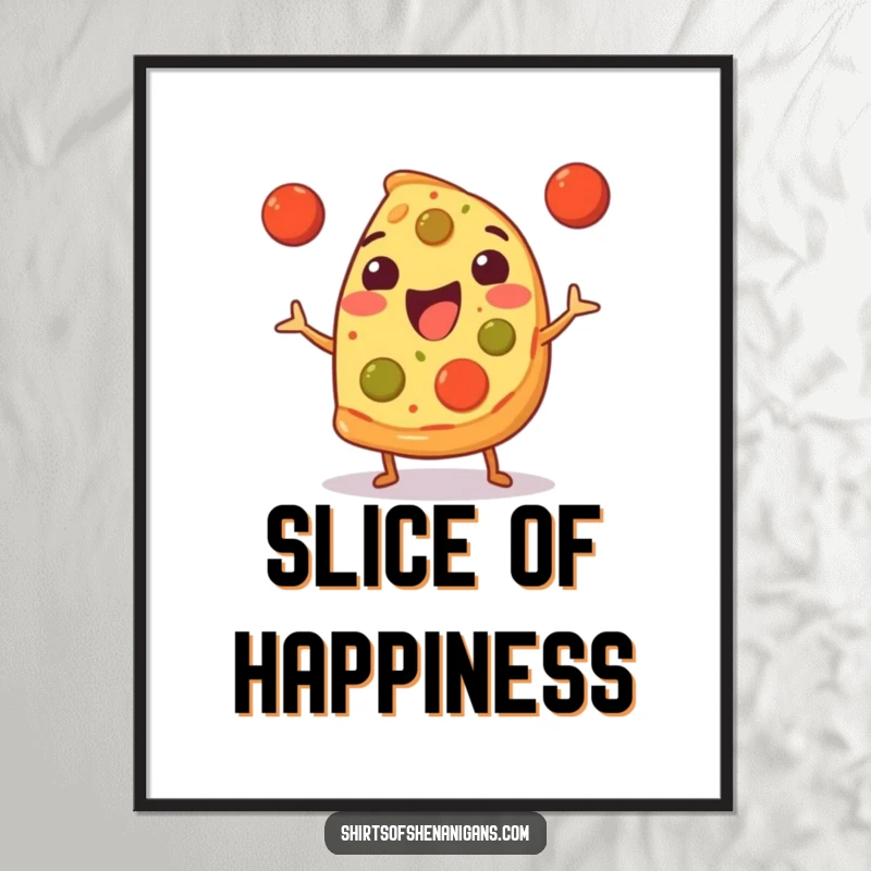 Funny Digital Art Print: Happy pizza slice juggling tiny meatballs, a downloadable and humorous artwork for food lovers.