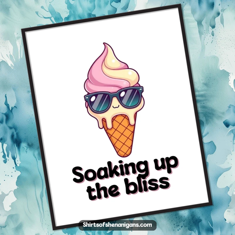 Funny digital art print of a melting ice cream cone wearing sunglasses, looking humorously relieved and relaxed.