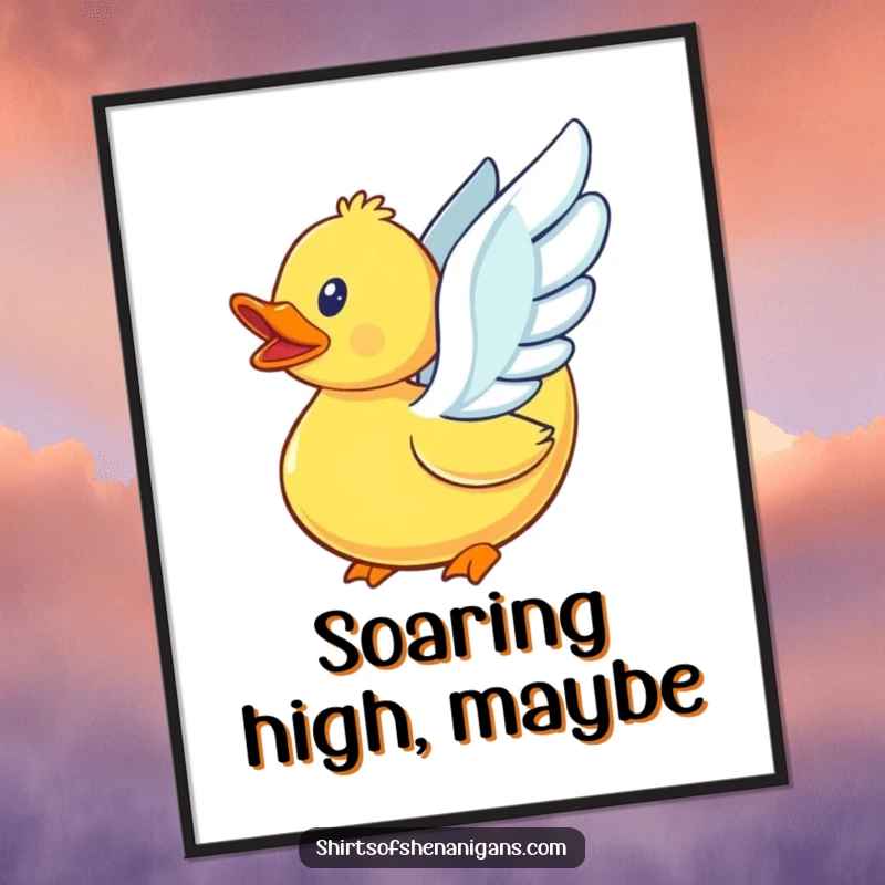 Funny rubber duck with small, fanned wings, attempting to fly, as downloadable digital art.