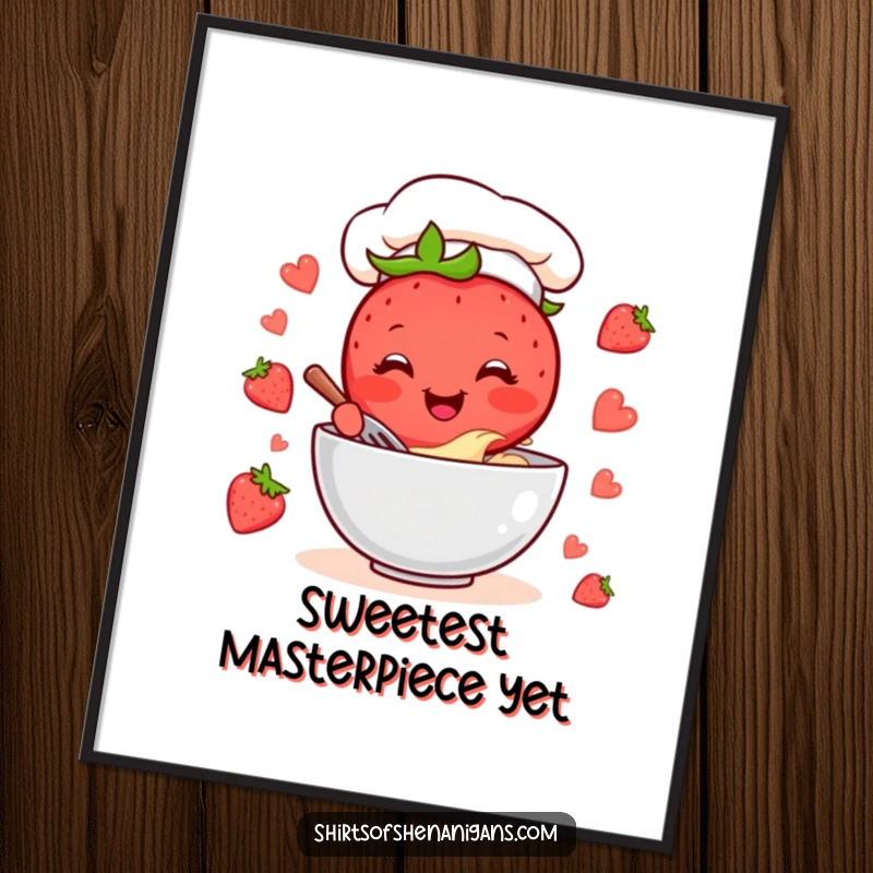 Funny Strawberry Chef Art Print: Cheerful cartoon strawberry mixing batter, printable wall art for kitchens.