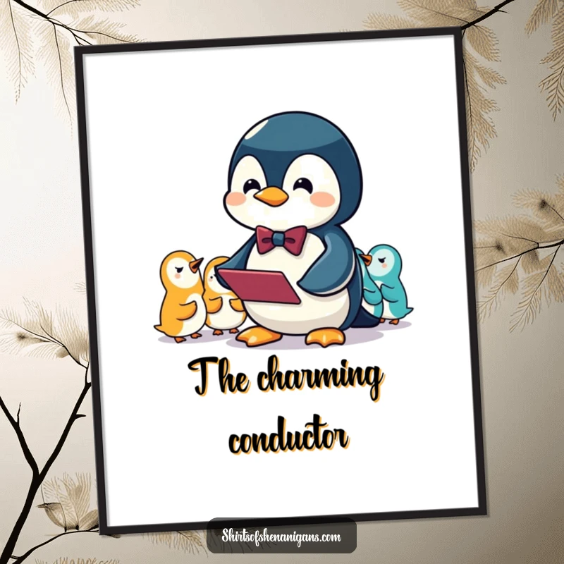 Funny digital art print of a penguin in a bowtie conducting an orchestra of squeaks, adding whimsical humor.
